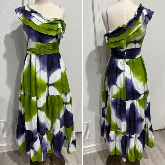 Busayo One Shoulder Ruffle Tie Dye Maxi Purple White and Green Dress - 6 - Picture 5 of 7